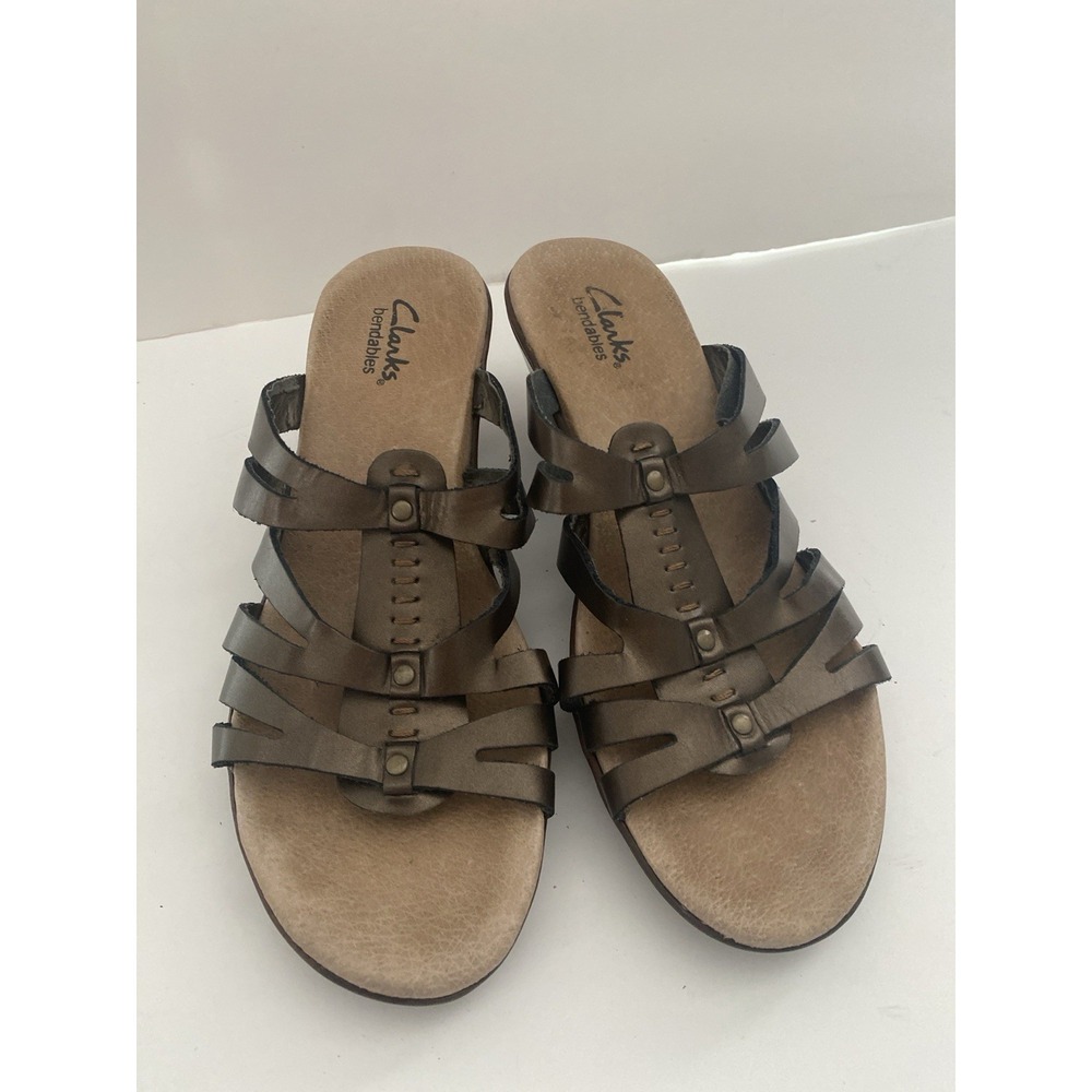 Clarks‎ Bendables Bronze Metallic  Leather 7.5 M Heel Slip On Sandal Shoe Mule